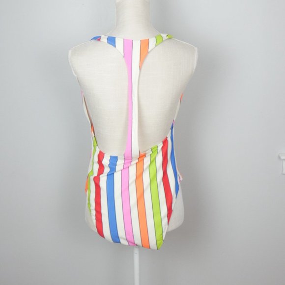 NWOT Aerie White Neon Rainbow Striped Full Coverage One Piece Bathing Suit XL - Picture 10 of 11